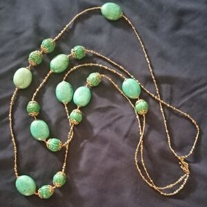 Vintage Czech Neiger Art Deco Green Glass Bead With Brass Accents Necklace